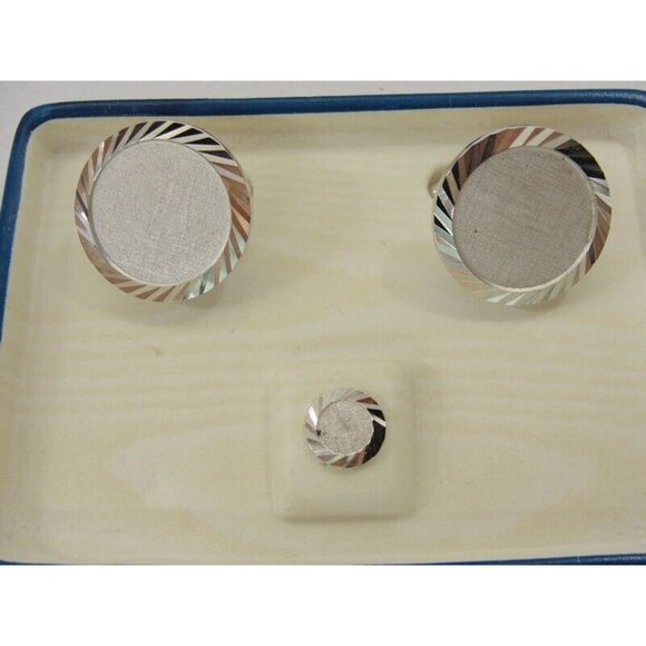 Vintage Swank Cufflinks Set Silver Tone Disc Shaped Fluted Edge With Tie Tack - Picture 2 of 13